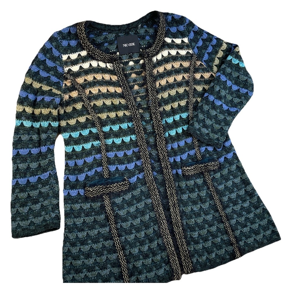 NIC+ZOE Cardigan Petite L Open‎ Front Multi Color Knit Linen Blend Boho Sweater